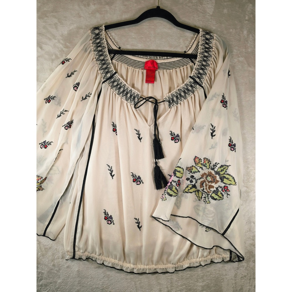 Cristina Womens XL Boho Embroidered Chiffon Peasant Blouse Cream Bell Sleeve